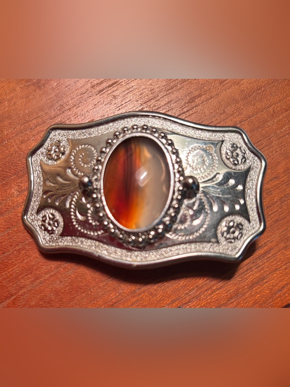 Gorgeous Vintage Western Belt Buckie Banded Agate & Finely Detailed Scrollwork